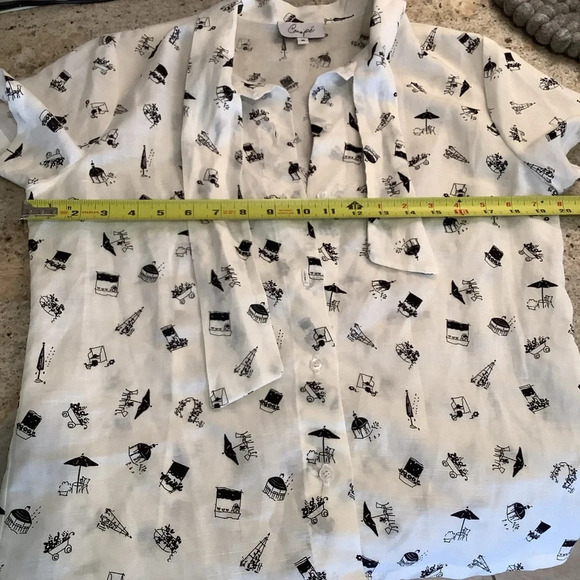 Canapé White & Black Linen Bow Blouse Novelty Print Flowers Size Medium - Picture 10 of 10